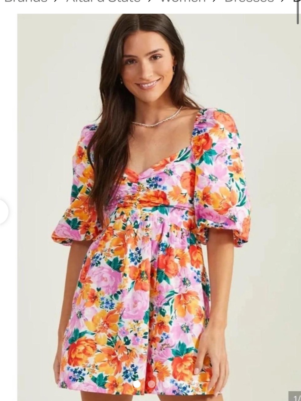 Altar'd State Pink Floral Puff-Sleeve Mini Dress